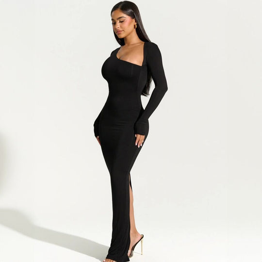 Damen elegantes Wickel-Maxi-Kleid mit asymmetrischem Halsausschnitt EB
