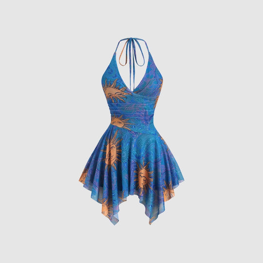 Damen lässiges Strandkleid mit asymmetrischem Saum und raffiniertem Druck EB