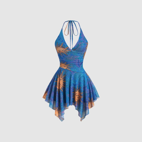 Damen lässiges Strandkleid mit asymmetrischem Saum und raffiniertem Druck EB
