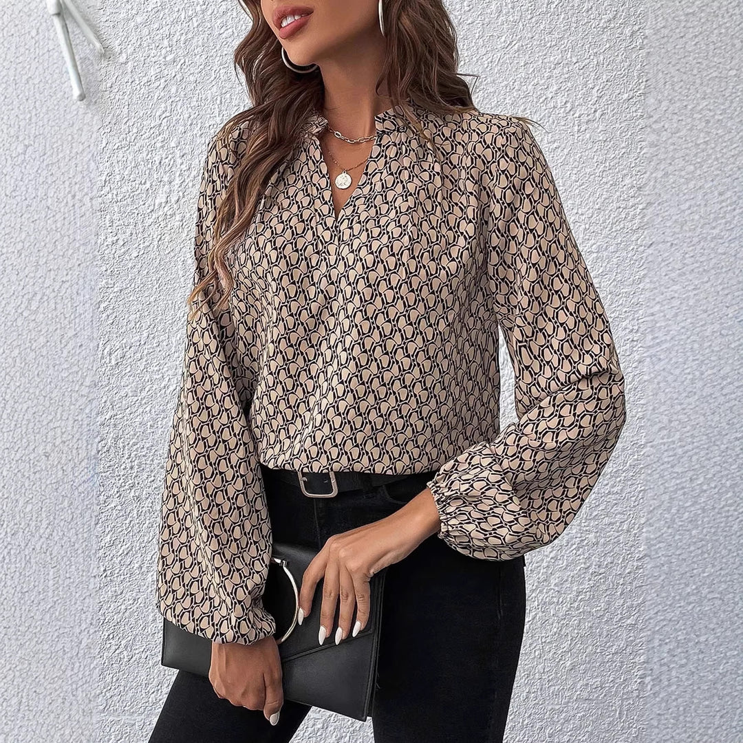 Damen Gemusterte Viskose-Bluse mit Stehkragen und Ballonärmeln EB