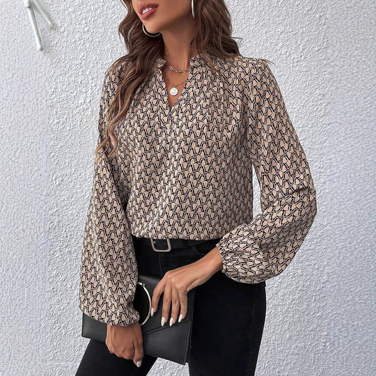 Damen Gemusterte Viskose-Bluse mit Stehkragen und Ballonärmeln EB
