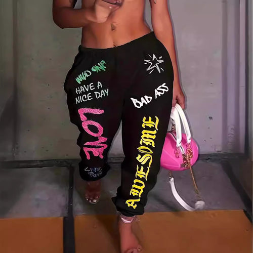 Damen lässige Jogginghose mit buntem Schrift-Design und elastischem Bund EB