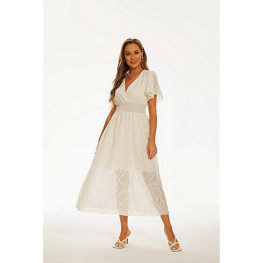 Damen Maxi-Kleid mit elegantem V-Ausschnitt und feinen Rüschendetails EB