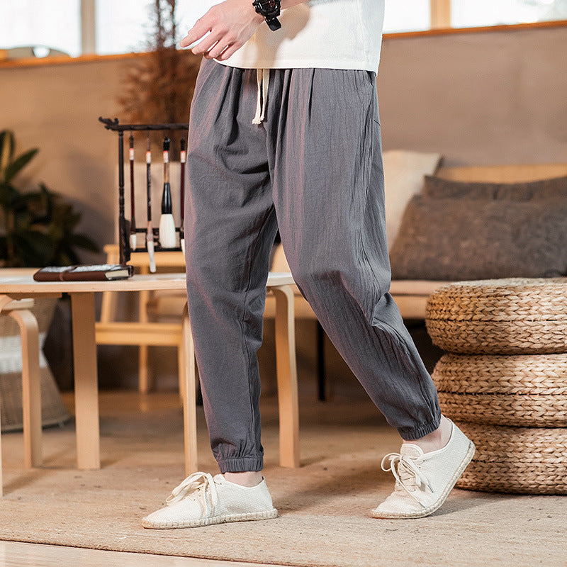Herren nan leichte Baumwoll-Leinen Jogginghose mit Kordelzug elastischen Bündchen und Seitentaschen EB