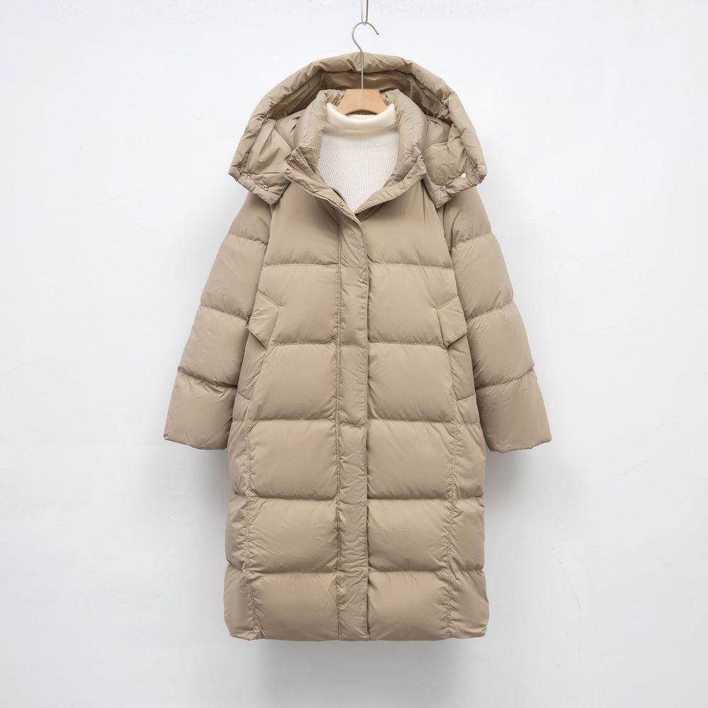 Damen Lange Daunenjacke mit verstellbarer Kapuze und luxuriösem Innenfutter EB