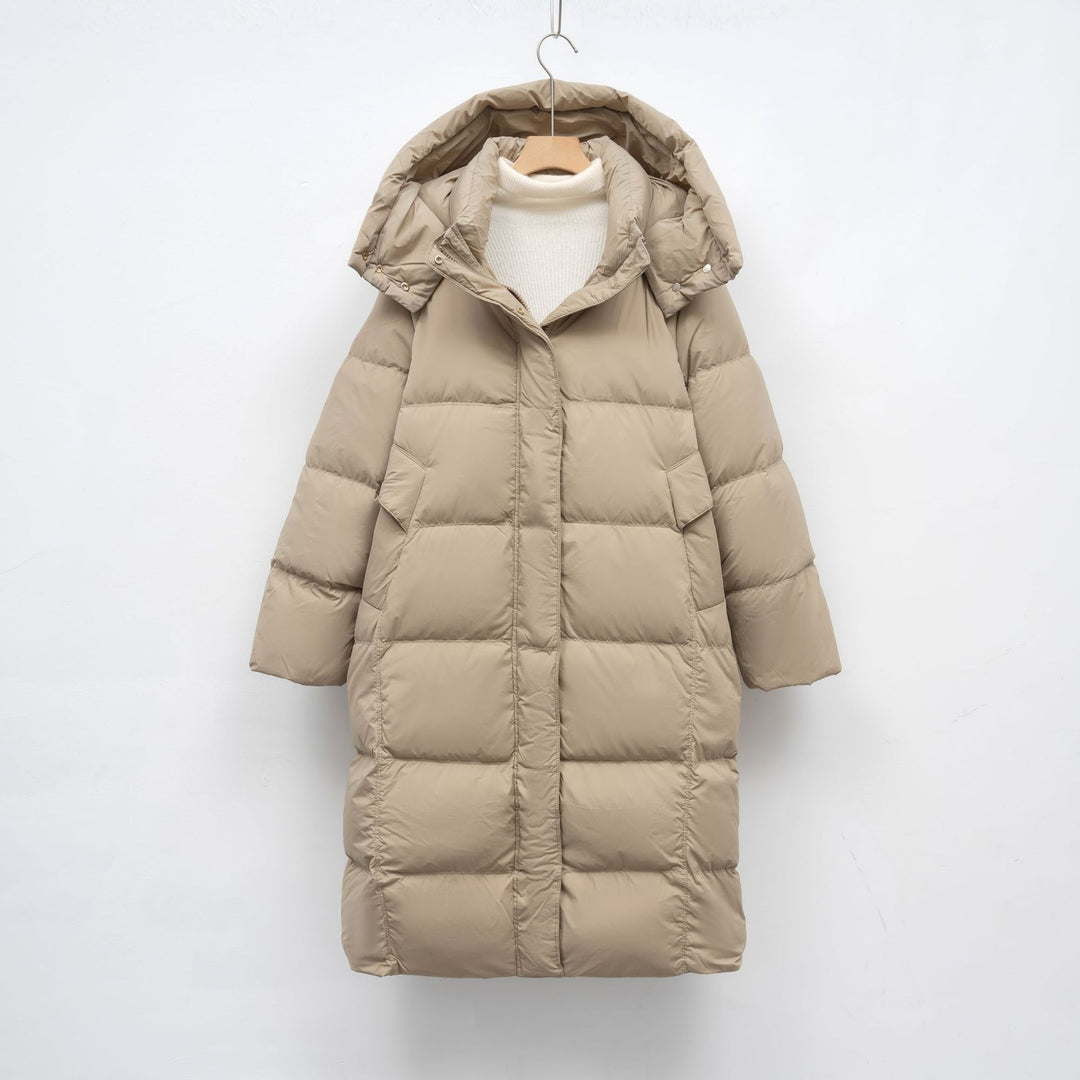 Damen Lange Daunenjacke mit verstellbarer Kapuze und luxuriösem Innenfutter EB