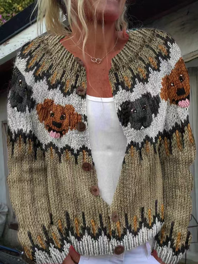 Damen nan gemusterte Strickjacke mit Rundpasse, Holzknöpfen und Eingrifftaschen EB