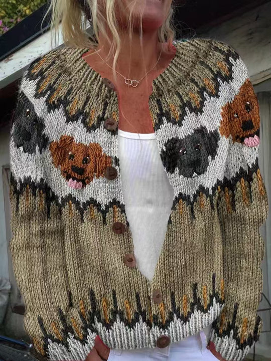 Damen nan gemusterte Strickjacke mit Rundpasse, Holzknöpfen und Eingrifftaschen EB