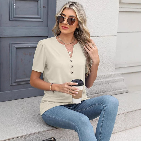 Damen modisches T-Shirt mit Knopfdetail und kurzen Ärmeln EB