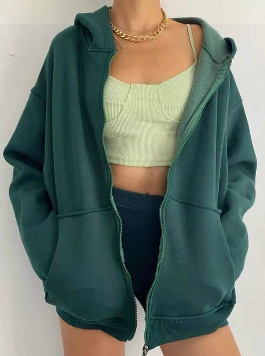 Damen nan minimalistisches French-Terry Zip-Hoodie mit durchgehendem Reißverschluss, Kängurutasche und Daumenloch-Ärmeln EB