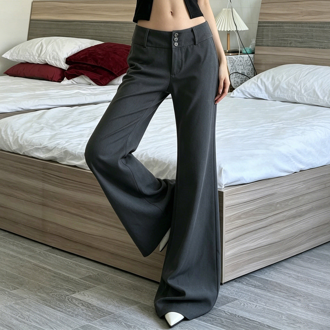 Damen nan hochtaillierte Schlaghose mit weitem Glockenbein und dekorativer Knopfleiste EB