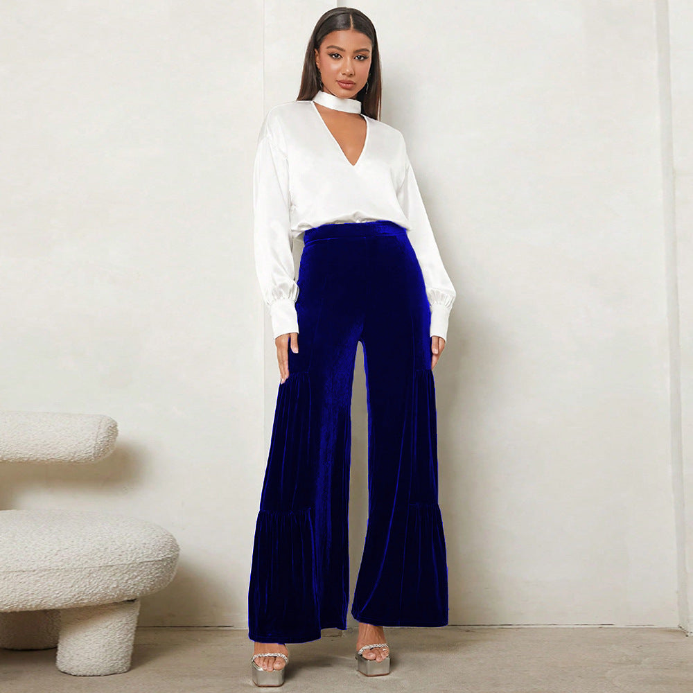 Damen Weit geschnittene Plüsch-Hose mit Falten und hohem Bund EB