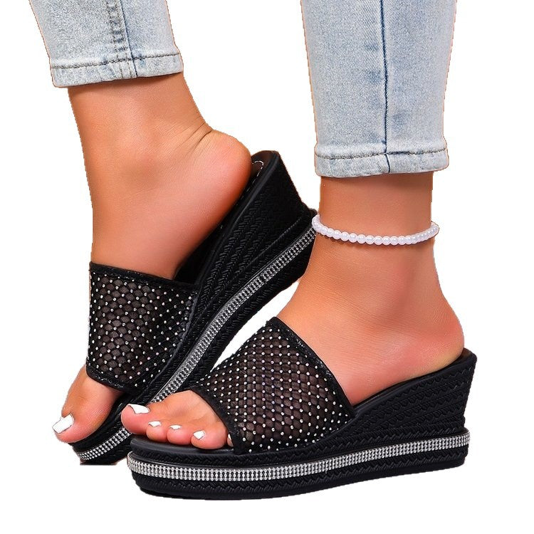 Damen glamouröse Wedge-Pantoletten mit funkelnden Strass-Applikationen EB