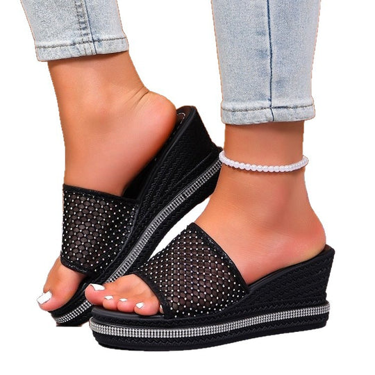 Damen glamouröse Wedge-Pantoletten mit funkelnden Strass-Applikationen EB