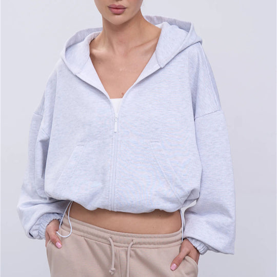 Damen legeres Cropped-Fleece-Hoodie mit Tunnelzugbund, Raglanärmeln und Reißverschluss Eichborn Berlin