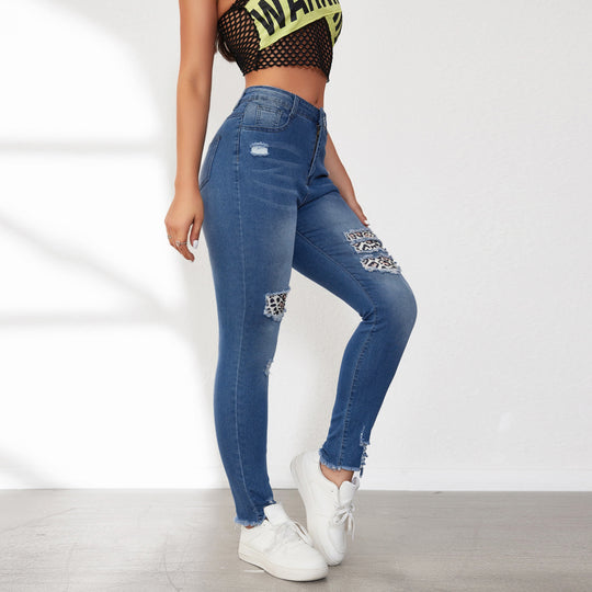 Damen Skinny Jeans mit animalischen Applikationen und Distressed-Effekten EB