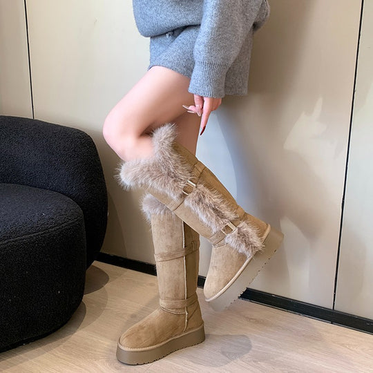 Damen kuschelige Winterstiefel mit weichem Kunstfellrand und modischen Schnallen EB