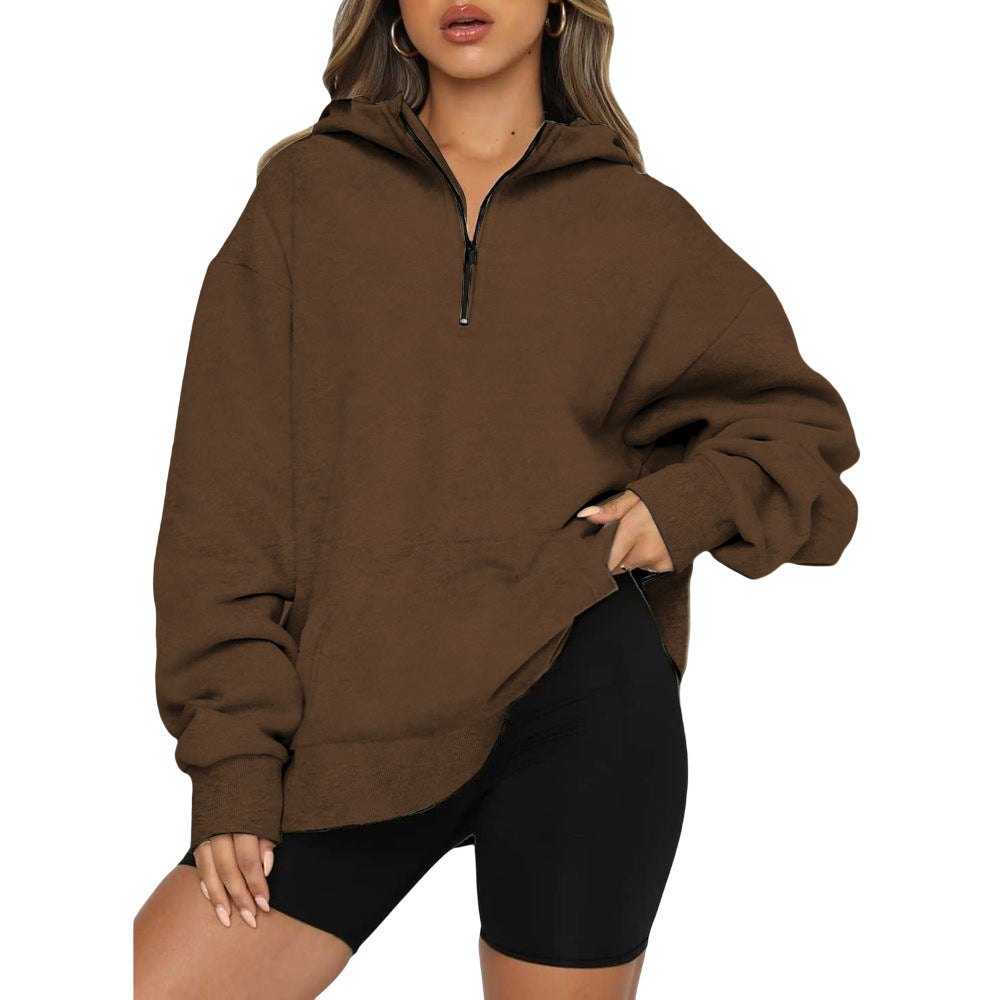 Damen Oversize Kapuzenpullover mit halbem Reißverschluss EB