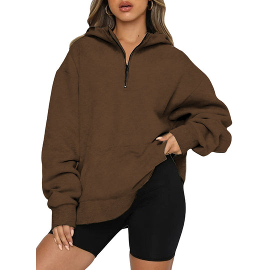 Damen Oversize Kapuzenpullover mit halbem Reißverschluss EB