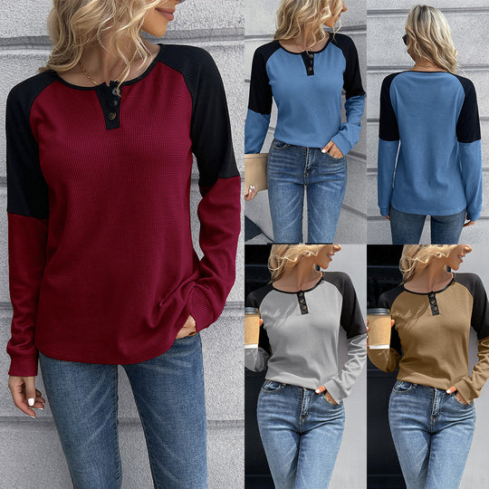 Damen lässiges Henley-Shirt aus Waffelstoff mit kontrastierenden Ärmel-Design EB