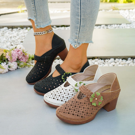 Damen elegante Pantoletten mit floralem Dekor und geflochtenem Riemen EB