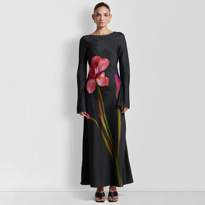 Damen Maxi-Kleid mit floralem Druck und langen Ärmeln EB