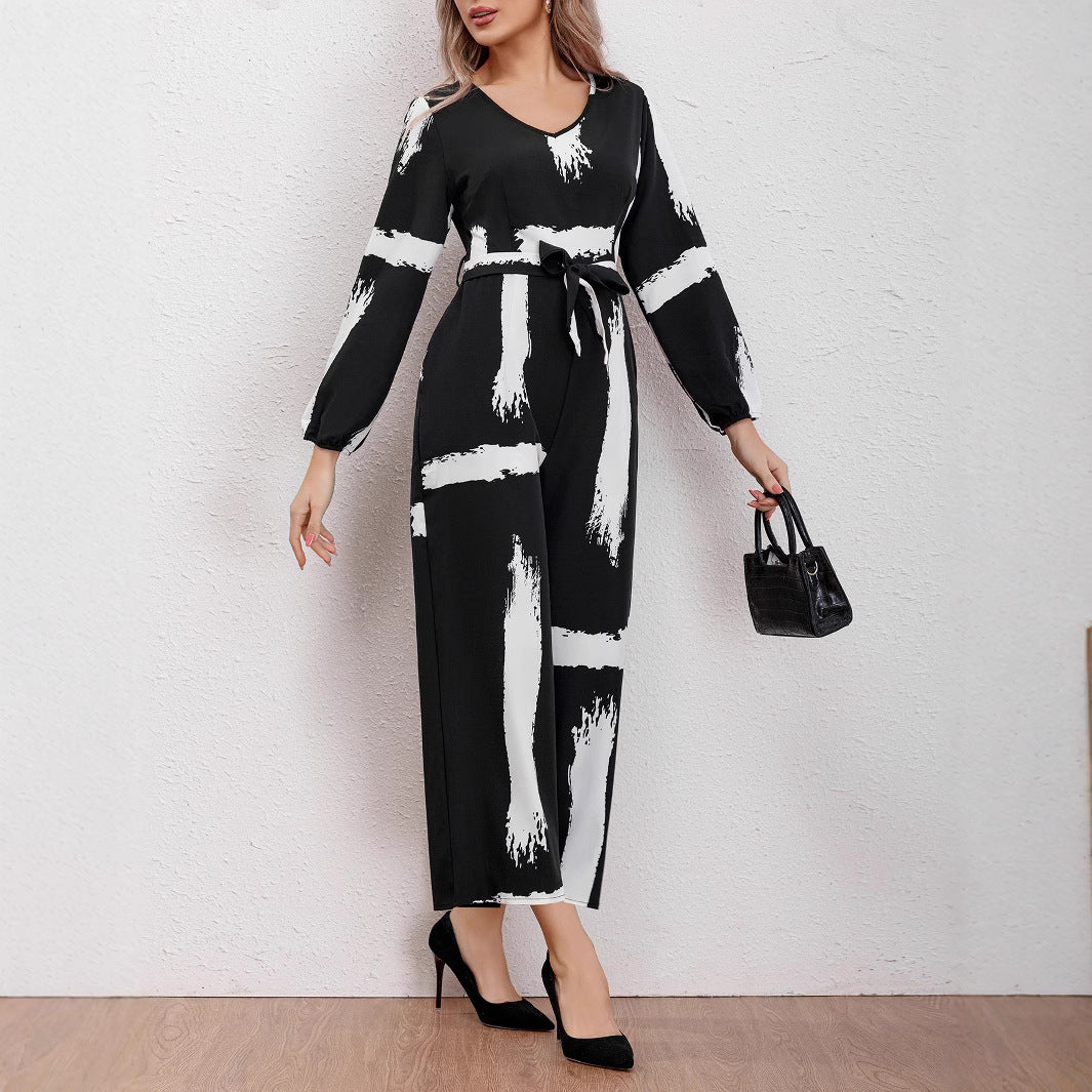 Damen Jumpsuit mit modernen Pinselstrich-Design und Gürtel EB
