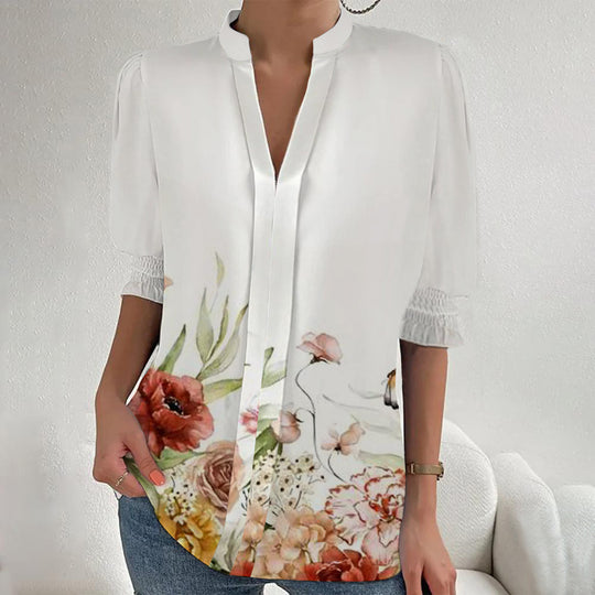 Damen Blumenprint Tunika-Bluse mit Stehkragen, geschlitzter V‑Blende und gerafften 3/4-Ärmeln EB