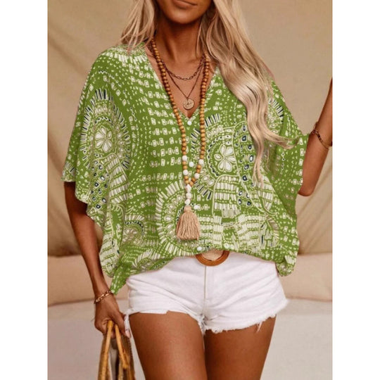 Damen Strandbluse im lässigen Boho-Stil mit bunten Mustern und voluminösen Ärmeln EB