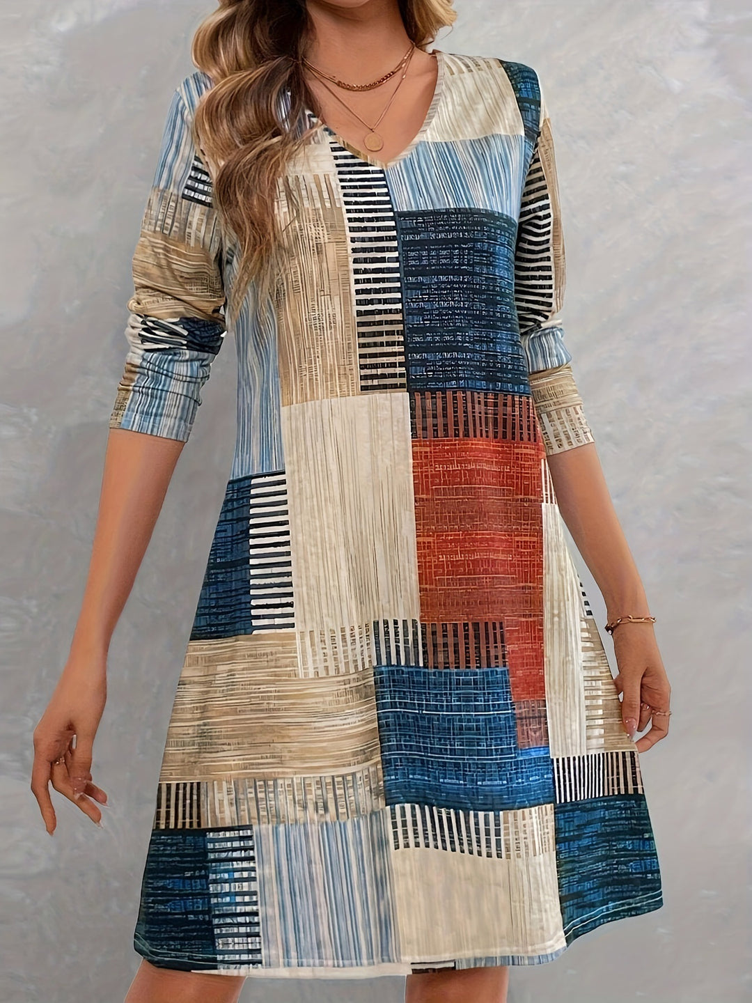 Damen Freizeitkleid mit grafischem Muster und lockerem Schnitt EB