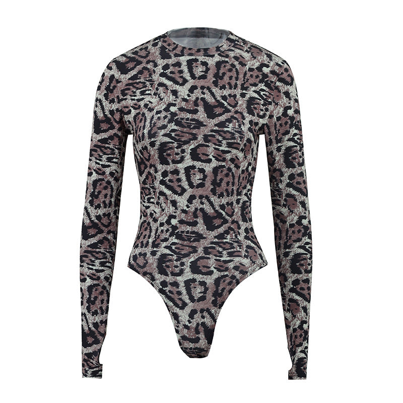 Damen Langarm Bodysuit mit modischem Animal Print EB