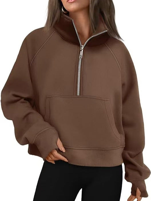 Damen nan oversized Halbzip Pullover mit Kängurutasche, Daumenlöchern und hohem Kragen EB