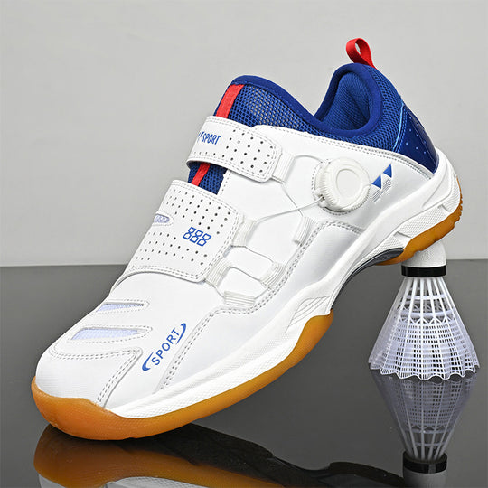 Unisex leichte Badminton‑Hallenschuhe mit rutschfester Gummilaufsohle, doppelte Klett‑Fixierung und Drehverschluss EB