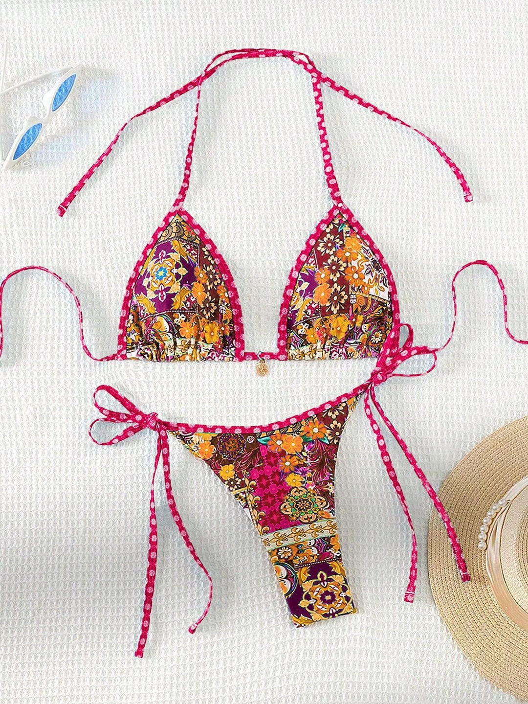 Damen Triangel-Bikini mit buntem floralen Mustermix und verstellbaren Trägern EB