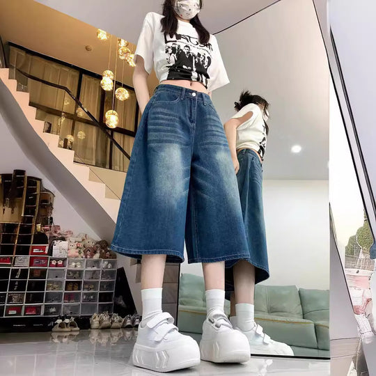 Damen Weite Denim-Culotte mit hohem Bund und elastischem Taillenbund EB