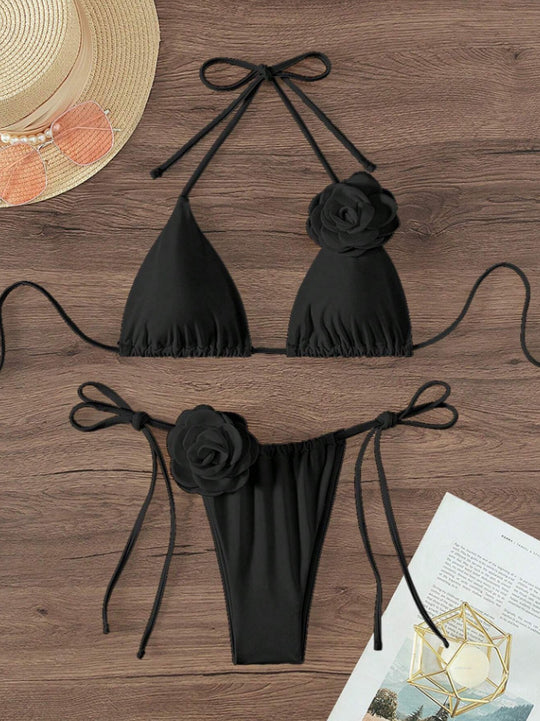 Damen Triangel-Bikini mit dekorativen Rüschen und verstellbaren Bändern EB