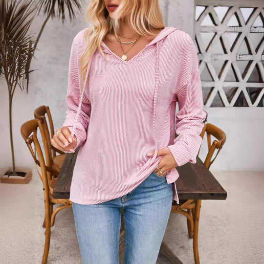 Damen lässiger Sweater mit V-Ausschnitt und Kordelzug EB