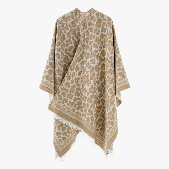 Damen Jacquard-Poncho im Kimono-Schnitt mit Fransensaum und dezentem Animaljacquard EB