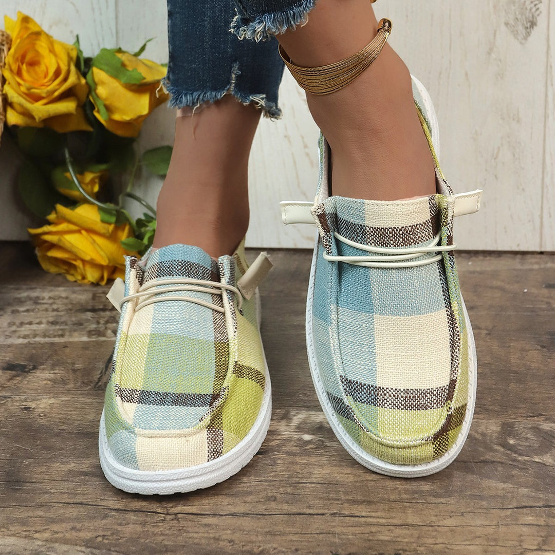Damen Mokassin-Slipper mit kariertem Obermaterial und modischem Schnürdetail EB