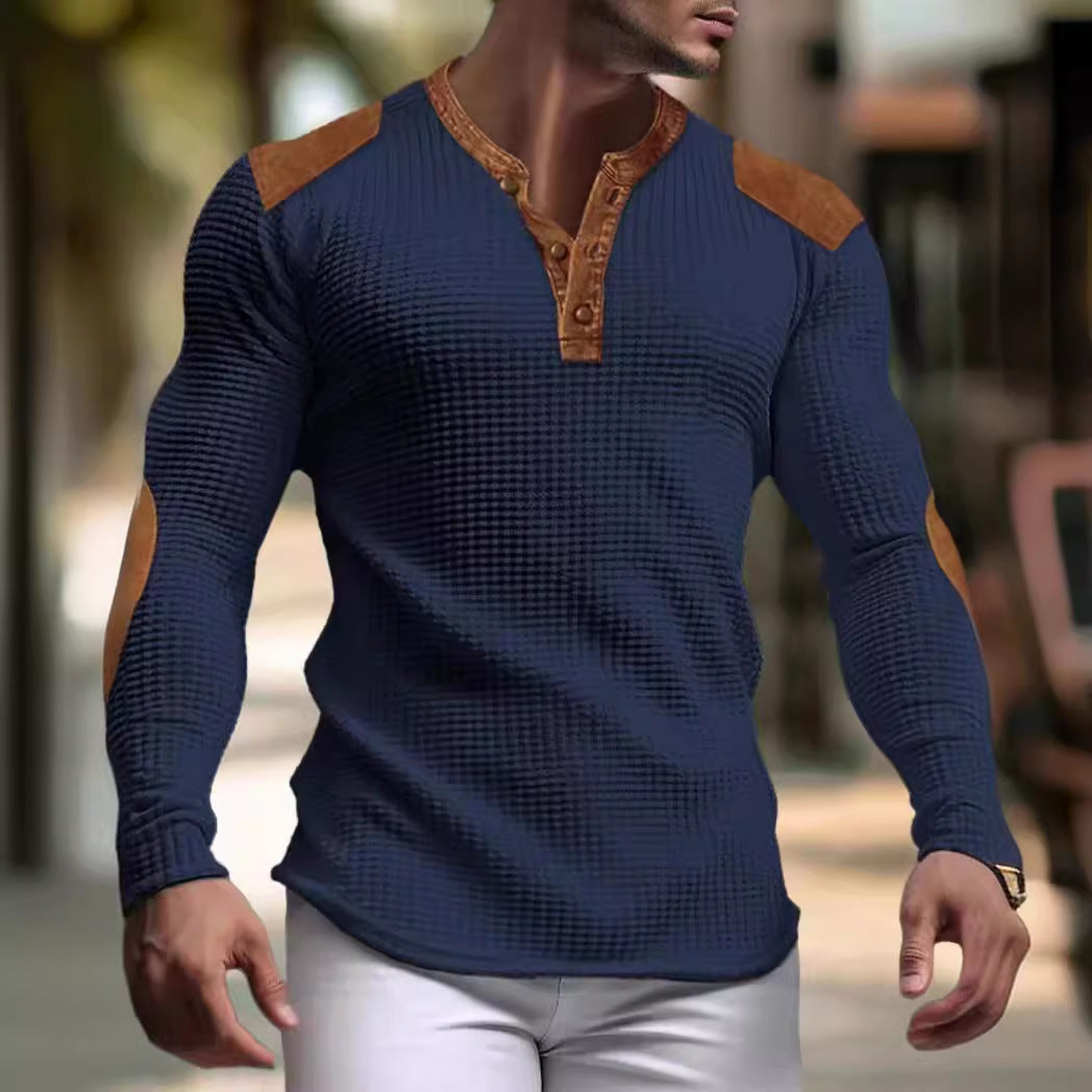 Herren Langarm-Henley-Shirt mit strukturiertem Gewebe und Kontrastdetails EB