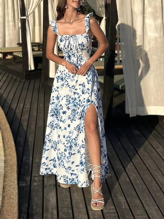 Damen Maxikleid mit floralen Mustern und seitlichem Schlitz EB