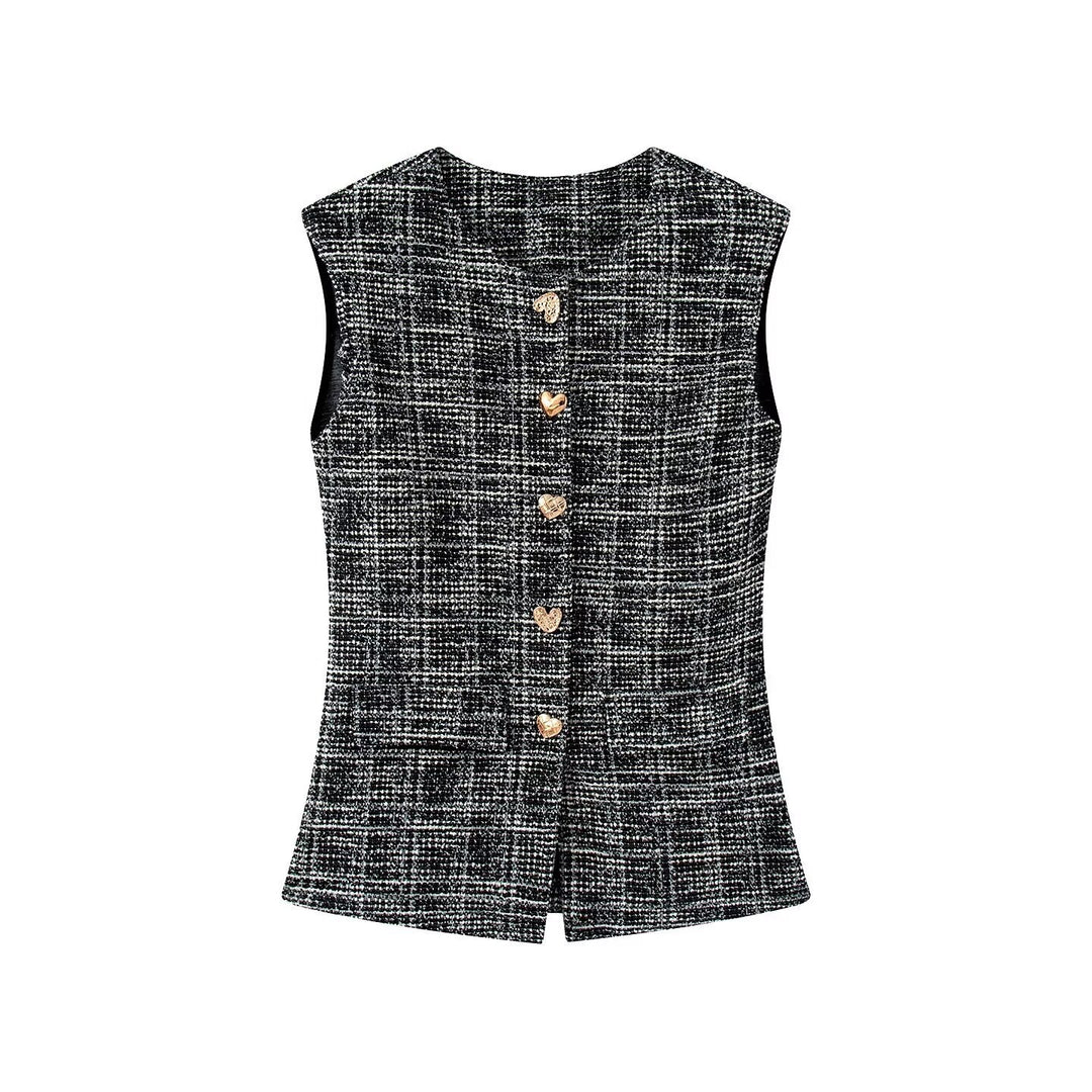 Damen elegante Karohose mit schmalem Schnitt und dekorativen Knöpfen EB
