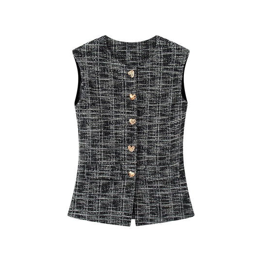 Damen elegante Karohose mit schmalem Schnitt und dekorativen Knöpfen EB