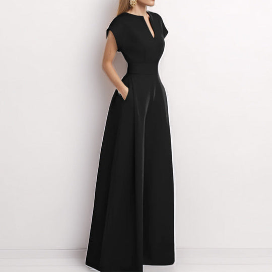 Damen Eleganter Jumpsuit mit Weitem Bein und Schalkragen EB