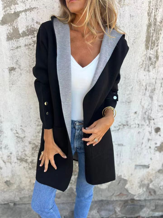 Damen modische Longjacke mit großzügiger Kapuze und praktischen Taschen EB