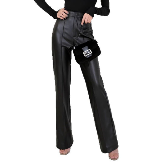 Damen Elegante High-Waist Kunstleder-Hose mit weitem Bein EB