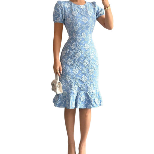 Damen Midi-Kleid mit floralen Applikationen und voluminösen Ärmeln EB