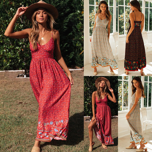 Damen Maxikleid mit floralen Mustern und verstellbaren Spaghettiträgern EB