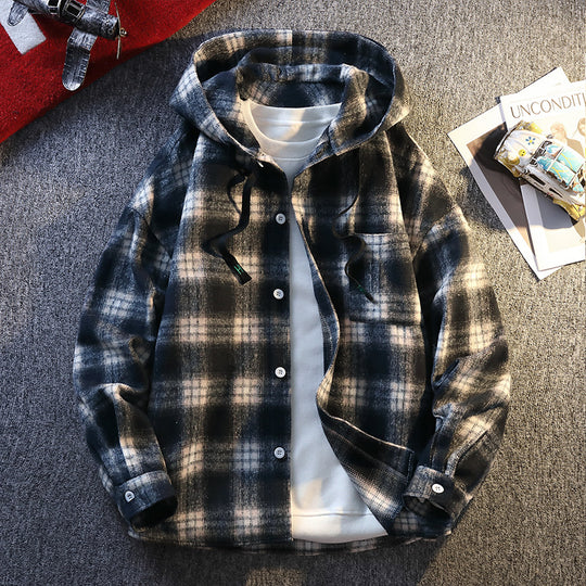 Herren Karierte Flanelljacke mit Kapuze und Knopfverschluss EB