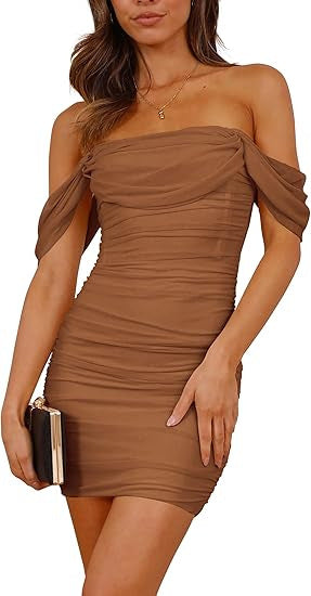 Damen figurbetontes Wickelkleid mit schulterfreiem Design EB